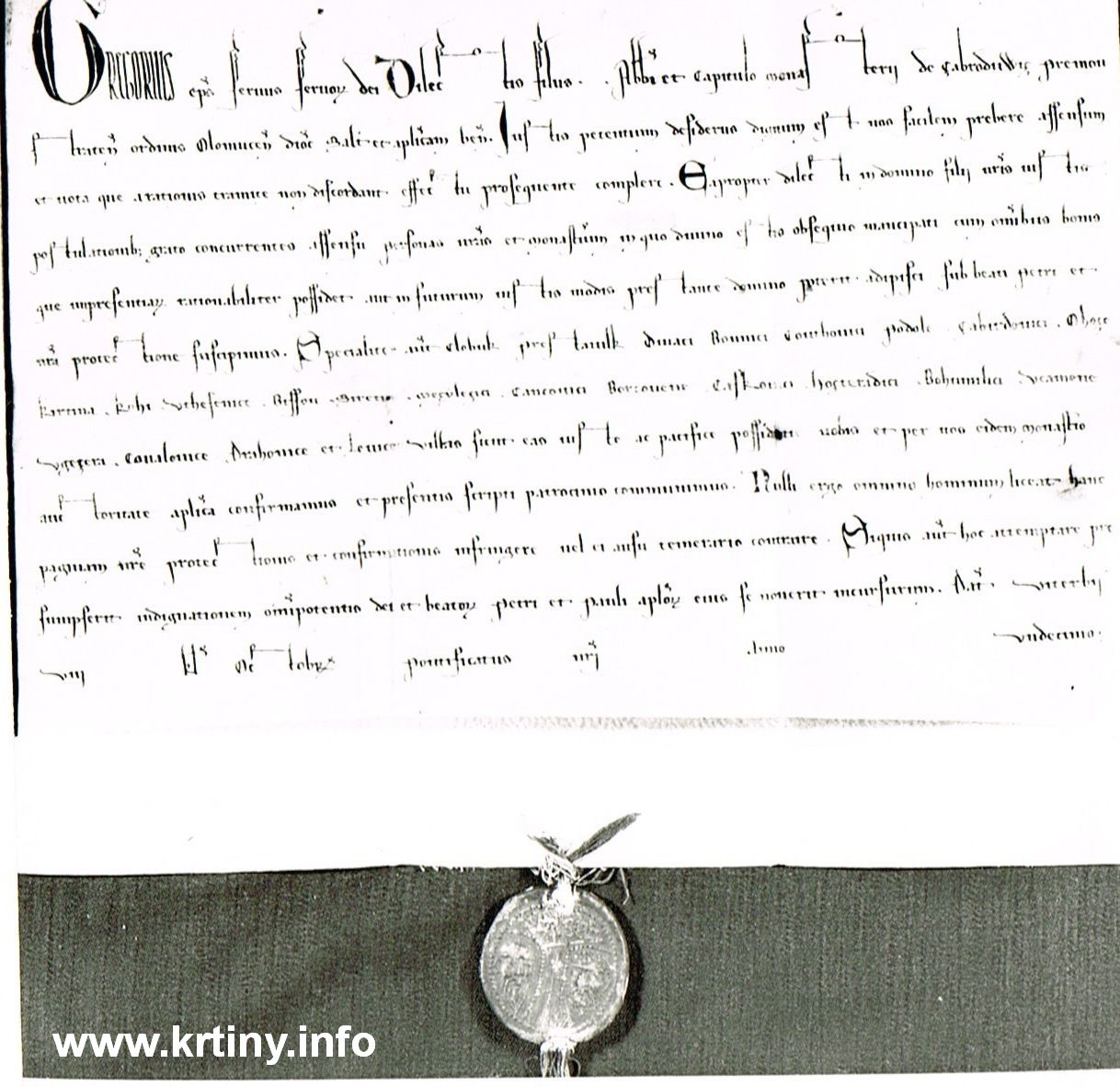 Imunitní listina papeže Řehoře IX z 24. září 1237. První zmínka o Křtinách.