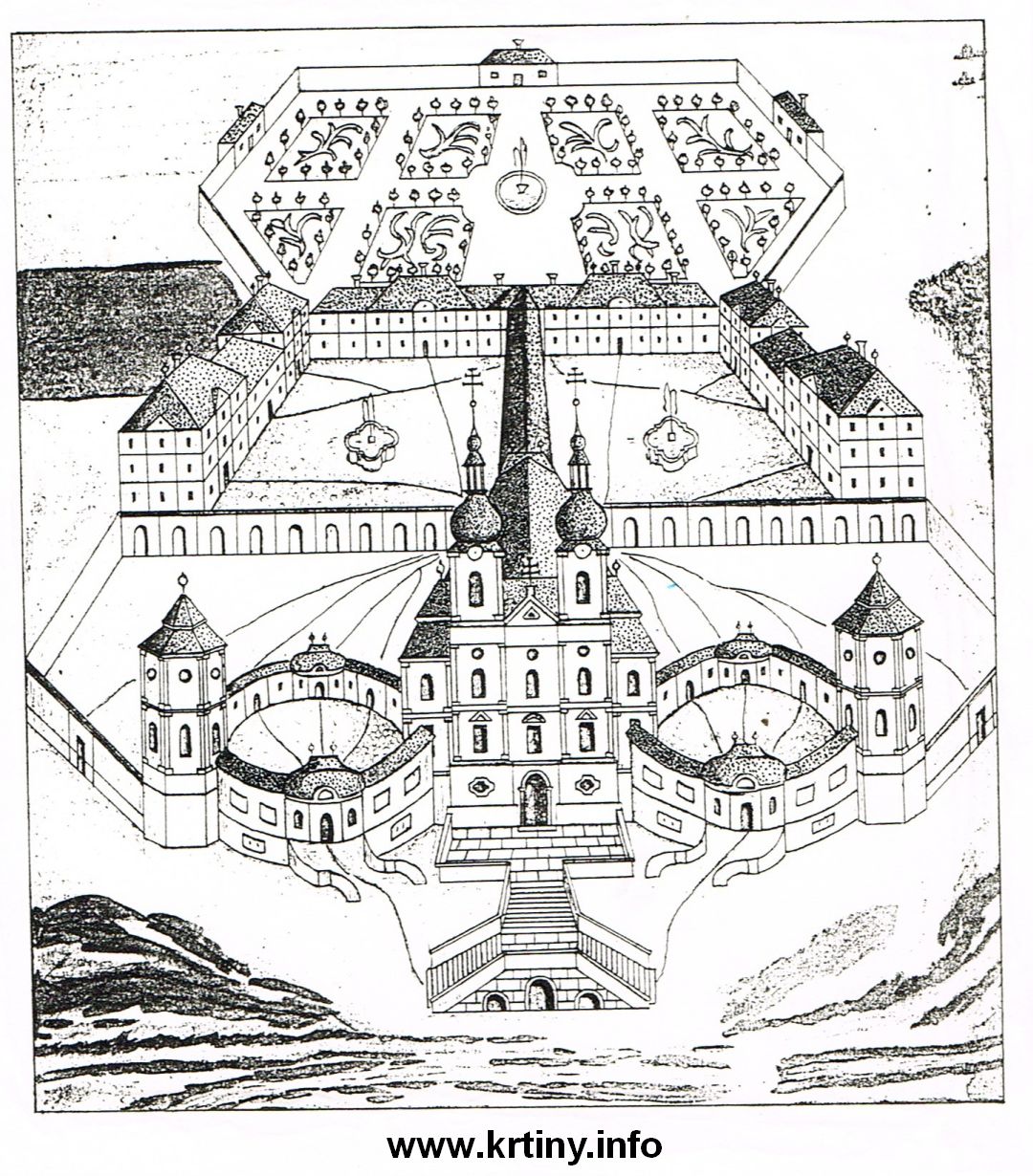 Křtinský chrám se dvěmi věžemi. Takto měl vypadat  po dokončení. Kresba Luňáčka z roku 1808.
