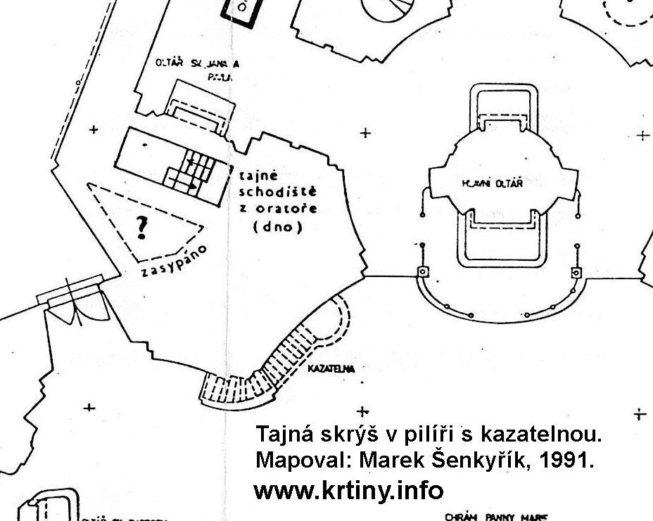 Mapa tajné skrýše v pilíři s kazatelnou chrámu Panny Marie ve Křtinách (1991).