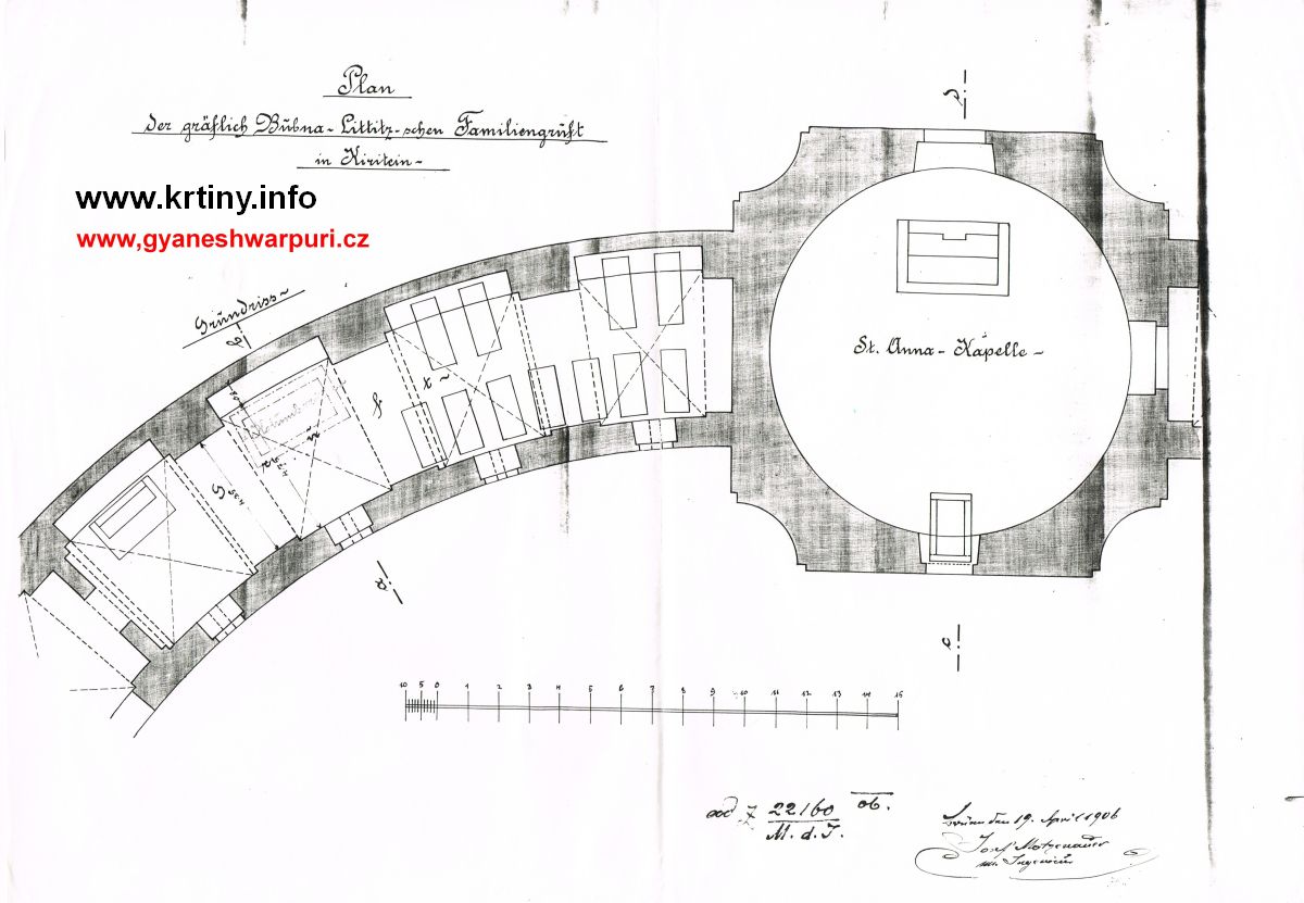 Nadzemní hrobka hrabat z Bubna - Litic v podloubí severního ambitu chrámu Panny Marie ve Křtinách na mapové dokumentaci z roku 1906.